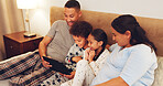 Tablet, happy and family on bed in home with watching movie, film or series on app on weekend together. Relax, digital technology and parents with children streaming show online in bedroom at house.