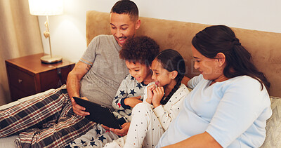 Buy stock photo Tablet, happy and family on bed in home with watching movie, film or series on app on weekend together. Relax, digital technology and parents with children streaming show online in bedroom at house.
