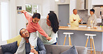 Parents, bonding and airplane for child in home, family and smile with daughter on weekend and play. Happy people, together and fun with girl on break, mom and game with kid or love in living room