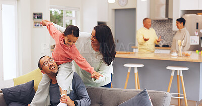 Buy stock photo Parents, bonding and airplane for child in home, family and smile with daughter on weekend and play. Happy people, together and fun with girl on break, mom and game with kid or love in living room