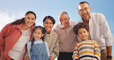 Buy stock photo Happy, portrait and grandparents with kids outdoor for bonding, love and connection on holiday. Family, low angle and children with mom, dad and senior generation for relationship, relax and trust