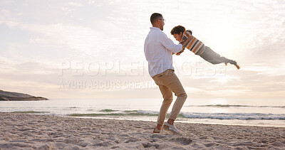 Buy stock photo Happy, spin and dad with child at beach for bonding, love and connection on summer holiday. Family, space and father with boy for playing, games and fun by ocean for relationship, relax and vacation