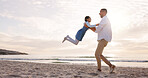 Happy, spin and dad with girl at beach for bonding, love and connection on summer holiday. Family, space and father with child for playing, games and fun by ocean for relationship, relax and vacation