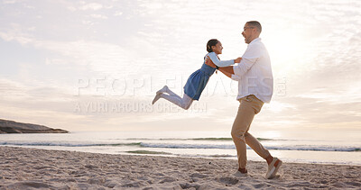 Buy stock photo Happy, spin and dad with girl at beach for bonding, love and connection on summer holiday. Family, space and father with child for playing, games and fun by ocean for relationship, relax and vacation
