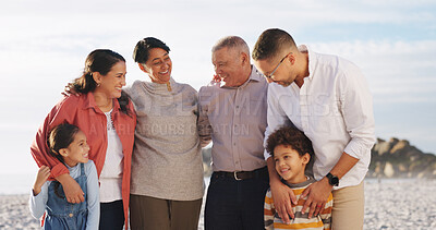 Buy stock photo Happy, travel and grandparents with kids at beach for bonding, love and connection on holiday. Family, ocean and children with mom, dad and senior generation for relationship, relax and vacation