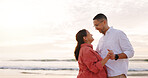 Happy, beach and couple with dance at sunset for holiday, vacation and affection outdoor on weekend. Love, marriage and man with woman by ocean, sea and nature for bonding, relationship and romance