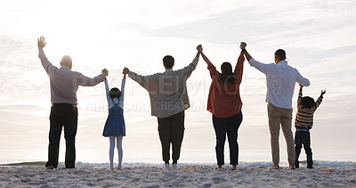 Buy stock photo Holding hands, back and grandparents with kids at beach for bonding, love and connection on holiday. Family, travel and children with mom, dad and senior generation for relationship, relax and trust