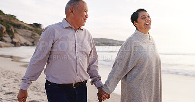 Buy stock photo Happy, senior and couple at beach holding hands for holiday, vacation and relax on weekend. Love, marriage and man with woman walking by ocean, sea and nature for bonding, relationship and romance