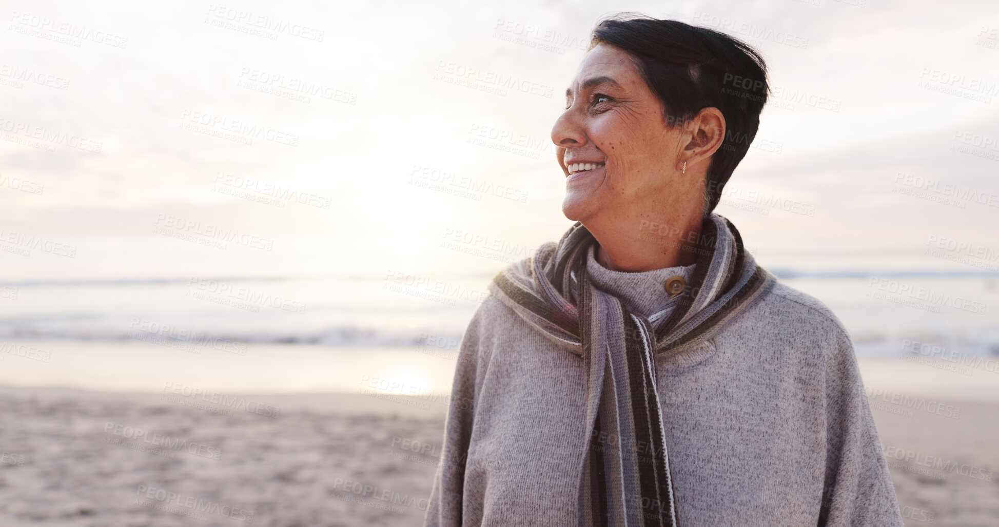 Buy stock photo Thinking, old woman and relax on holiday, beach and travel with memories in nature and mockup space. Outdoor, reflection and senior person with smile on vacation, retirement and thoughts on break