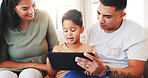 Online education, parents and child with tablet in lounge, growth and development with subscription. Home, happy people and family with tech for knowledge, elearning and bonding with kid on weekend