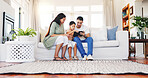 Parents, elearning and child with tablet in lounge, development or watching educational video on app. Home, happy people and family with tech for knowledge, growth and bonding with kid on weekend
