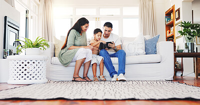 Buy stock photo Parents, elearning and child with tablet in lounge, development or watching educational video on app. Home, happy people and family with tech for knowledge, growth and bonding with kid on weekend