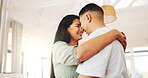 Dancing, happy and couple in home with love for romantic moment, bonding and loving relationship. Marriage, house and man with woman together with forehead touch for affection, support and connection