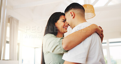 Buy stock photo Dancing, happy and couple in home with love for romantic moment, bonding and loving relationship. Marriage, house and man with woman together with forehead touch for affection, support and connection