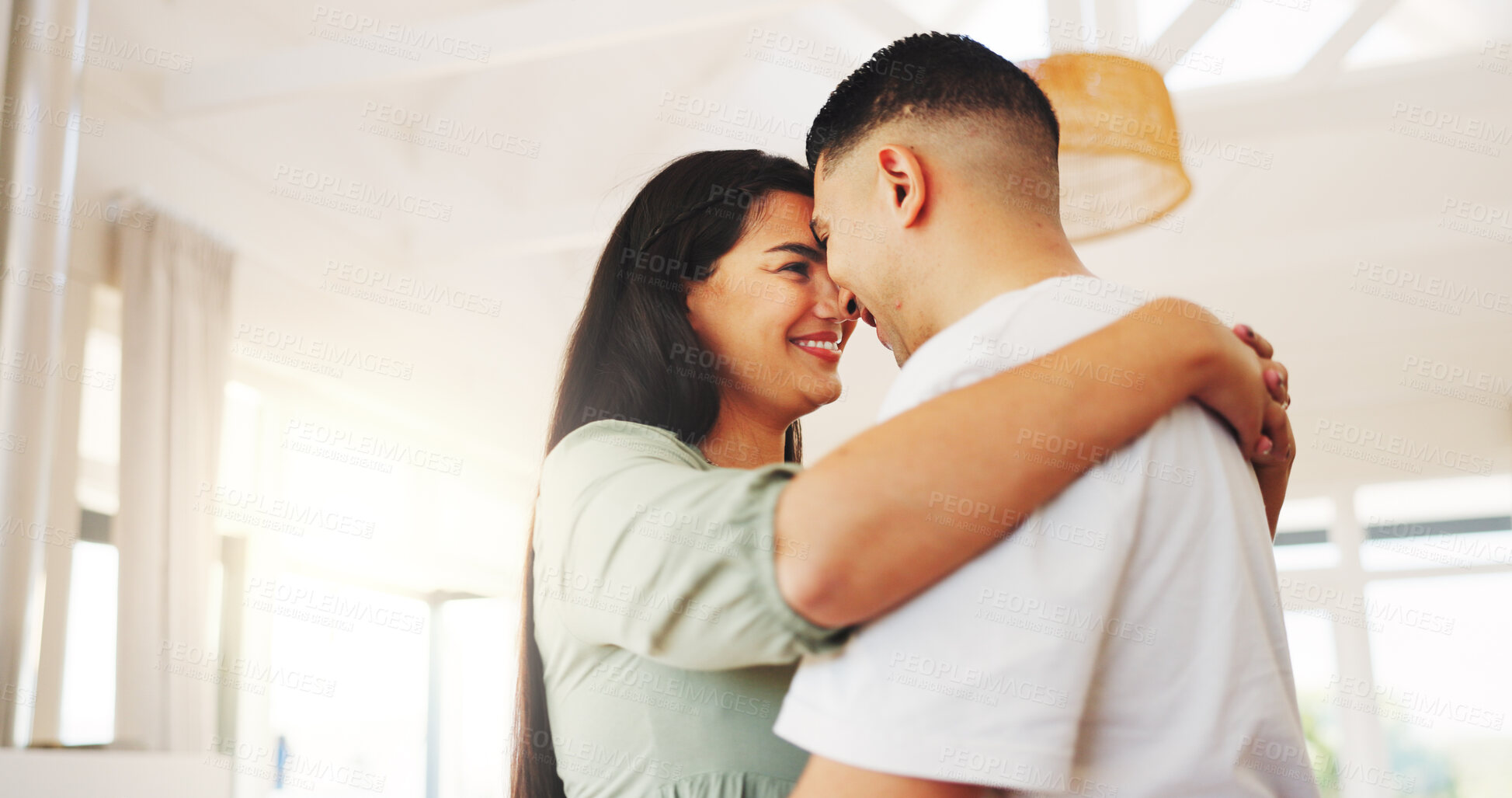 Buy stock photo Dancing, happy and couple in home with love for romantic moment, bonding and loving relationship. Marriage, house and man with woman together with forehead touch for affection, support and connection