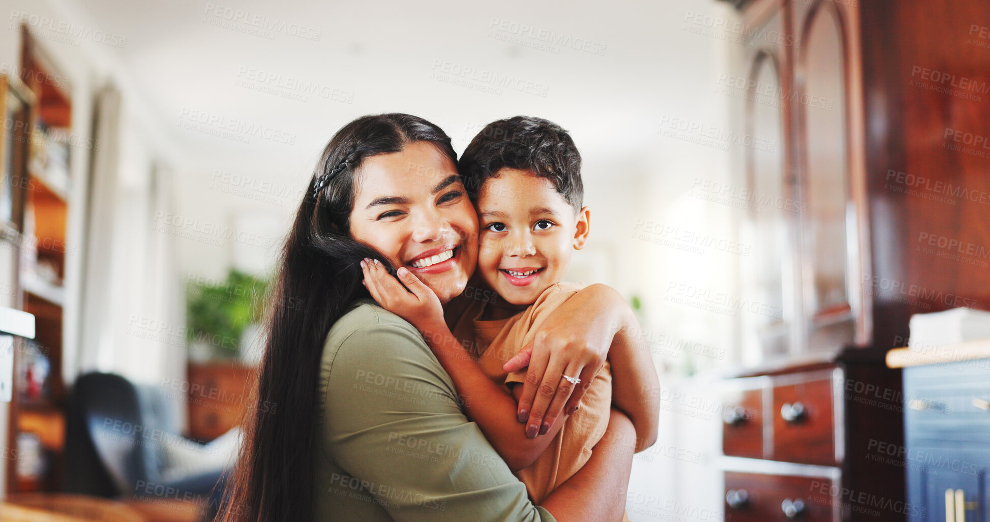 Buy stock photo Portrait, smile and hug with mom and son in family home for support, bonding and mothers day together. Happiness, care and thank you with woman and child in living room of apartment for trust