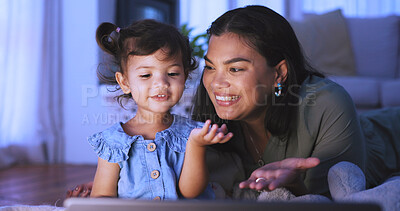 Buy stock photo Night, tablet and mom with child in home for internet, online streaming and connection on weekend. Family, happy and mother with girl on digital tech for website, watching videos and bonding together