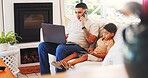 Remote work, laptop and child with father on sofa for phone call, multitasking and entrepreneur. Tablet, elearning and freelancer contact with man and kid in living room of family home for student