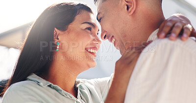 Buy stock photo Outdoor, couple and hug with smile at house, love and romance with partner on special day and break. Happy people, embrace and celebration for marriage anniversary, home and affection on weekend