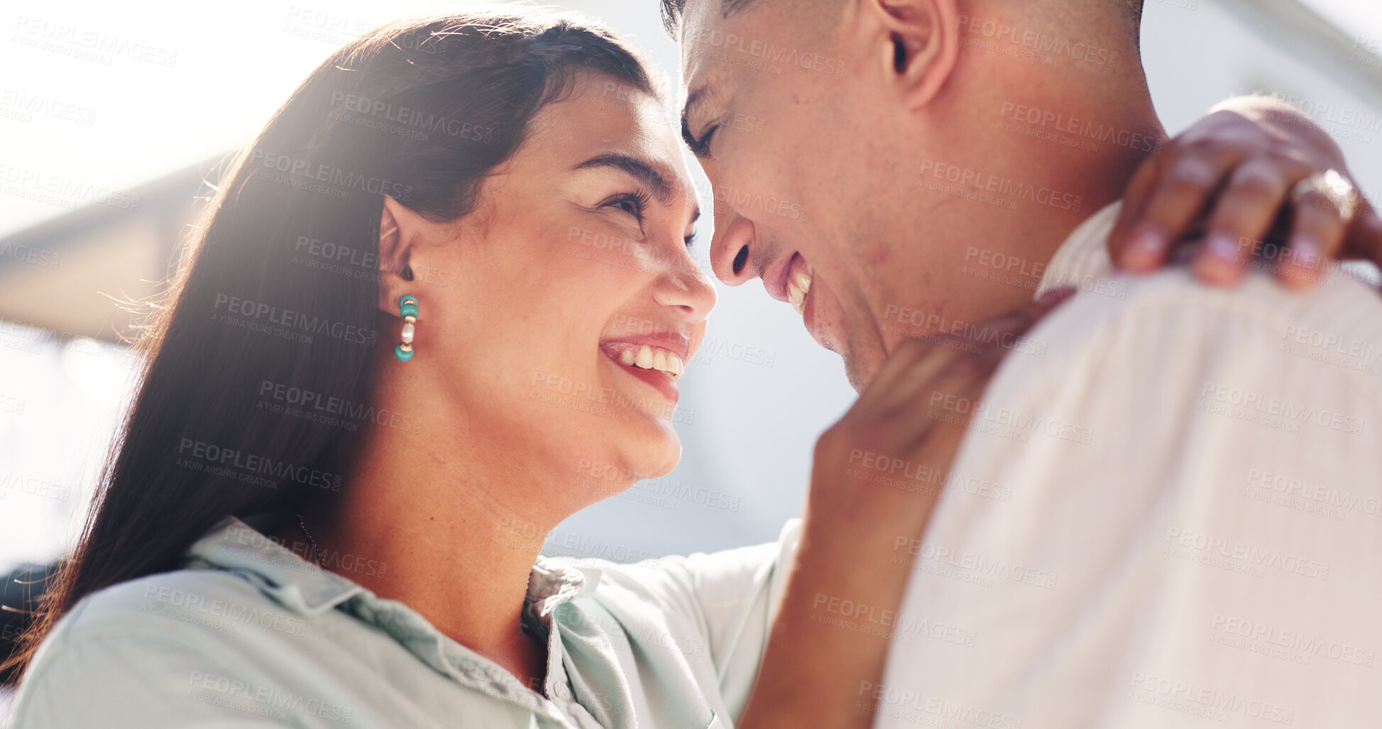 Buy stock photo Outdoor, couple and hug with smile at house, love and romance with partner on special day and break. Happy people, embrace and celebration for marriage anniversary, home and affection on weekend