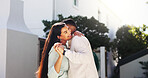 Outdoor, couple and hug with smile for love, trust and romance with partner on special day and break. Happy people, embrace and celebration for marriage anniversary, home and affection on weekend