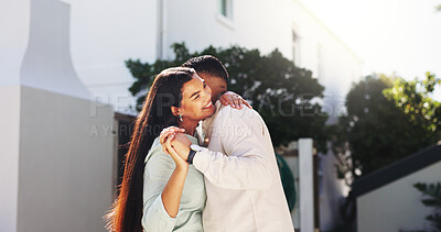 Buy stock photo Outdoor, couple and hug with smile for love, trust and dancing with partner on special day and break. Happy people, affection and celebration for marriage anniversary, home and embrace with rhythm