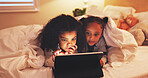 Relax, tablet and watching movie with children in bedroom for streaming service, film and night. Series subscription, late entertainment and weekend break with kids or sisters in bed of family home