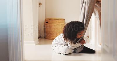 Buy stock photo Leg, parent and attachment with child in family home for emotional security, comfort or struggle. Separation anxiety, attention and walking with girl on floor of apartment for dependence and behavior