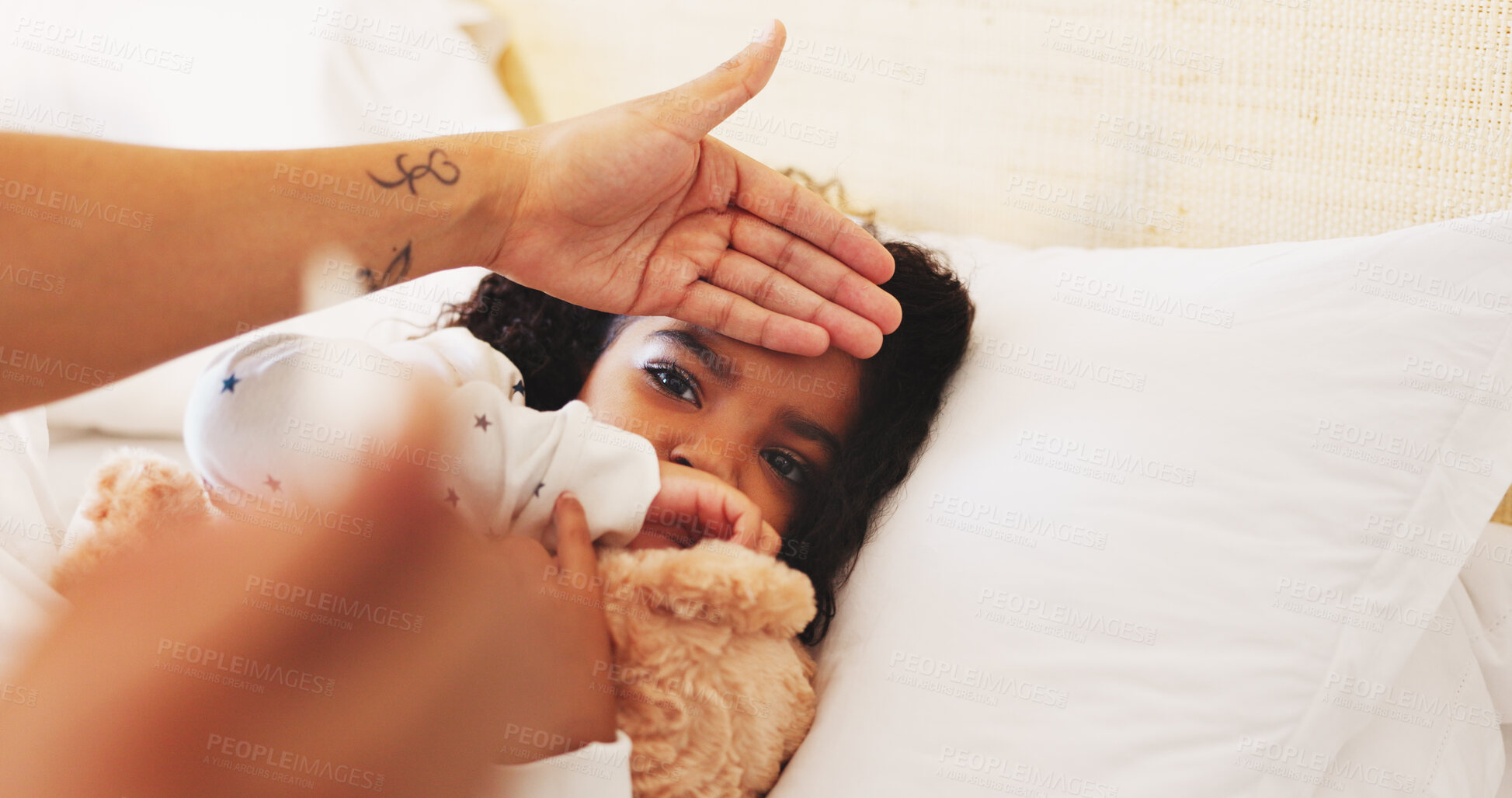 Buy stock photo Fever, sick and check with child in bedroom for worry, temperature spike and help. Medical, support and illness with parent and kid in bed of family home for infection,  disease and influenza virus