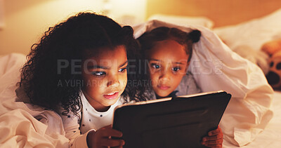 Buy stock photo Search, tablet and watching movie with children in bedroom for streaming service, film and night. Series subscription, late entertainment and weekend break with kids or sisters in bed of family home