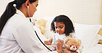 Stethoscope, listen and doctor with child in bedroom for home consultation, checkup or diagnosis. Healthcare, pediatrician and girl with tools for chest infection, illness or sick for medical service