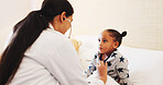 Stethoscope, listening and doctor with child in bedroom for heartbeat, medical consulting and trust. Help, healthcare and breathing exam with kid and woman in home for house call and pediatrician
