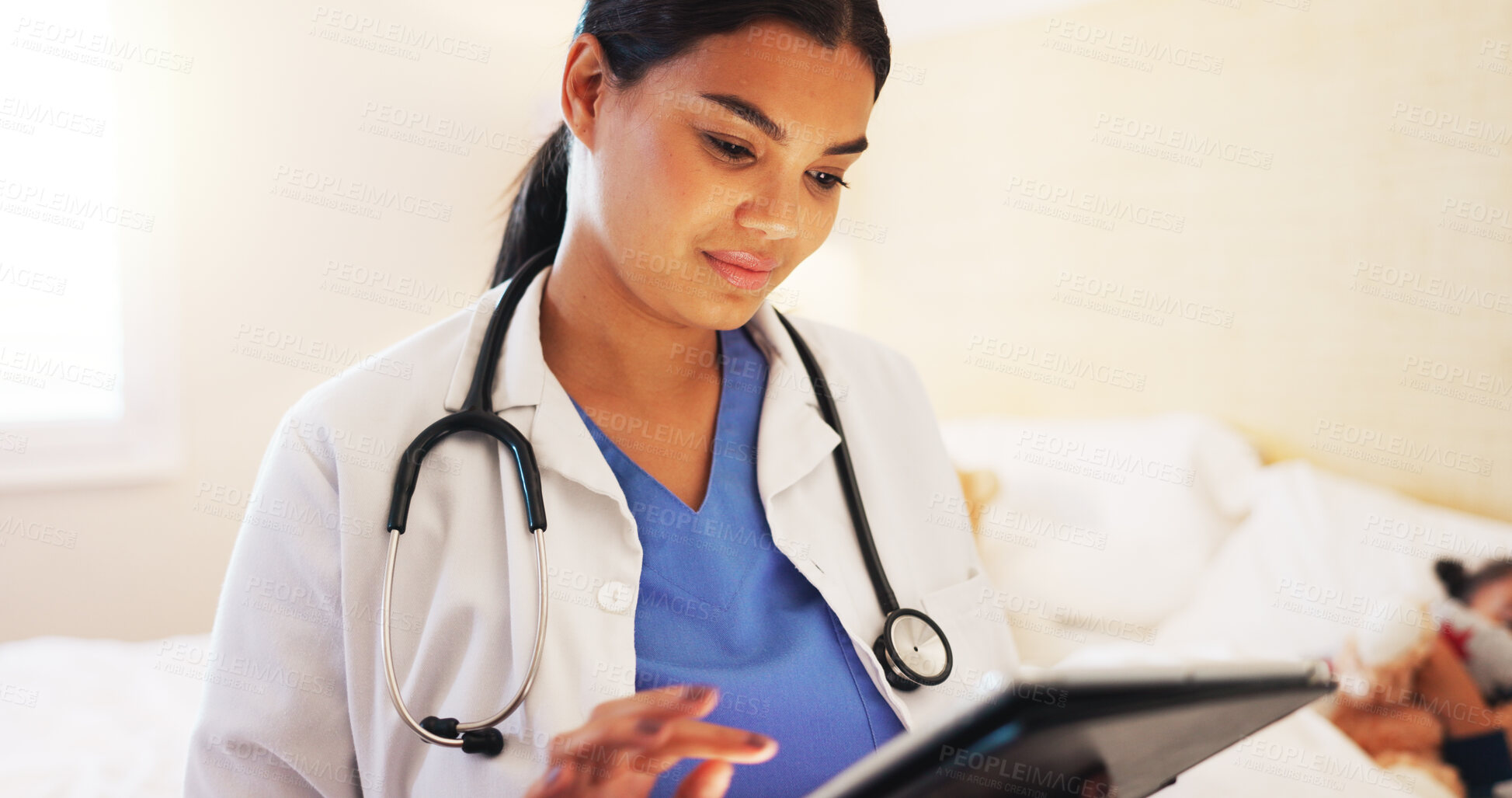 Buy stock photo Tablet, reading and doctor with child in bedroom for patient report, treatment plan or medical review. Healthcare app, house call or scroll with woman in home for checklist, assessment and consulting