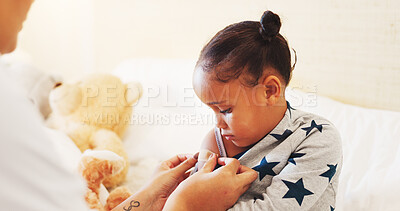 Buy stock photo Plaster, help and mom with child in bedroom of family home for first aid, medical and support. Love, healthcare and accident with kid and parent in bed of apartment for wound care and bandage
