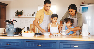 Buy stock photo Baking, mixing and learning with family in kitchen in home for support, cookies and bonding together. Cooking, dessert and teaching with parents and children in house for guidance, care and recipe