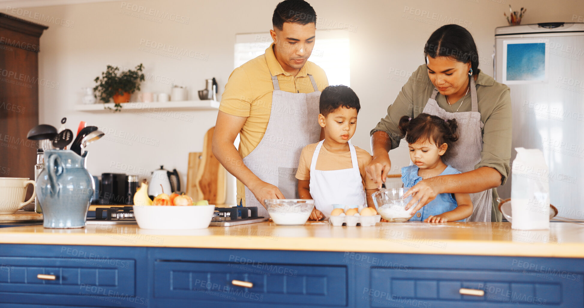 Buy stock photo Baking, mixing and learning with family in kitchen in home for support, cookies and bonding together. Cooking, dessert and teaching with parents and children in house for guidance, care and recipe