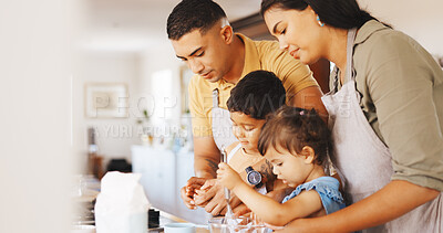 Buy stock photo Baking, love and learning with family in kitchen in home for support, cookies and bonding together. Cooking, dessert and teaching with parents and children in house for guidance, care and recipe