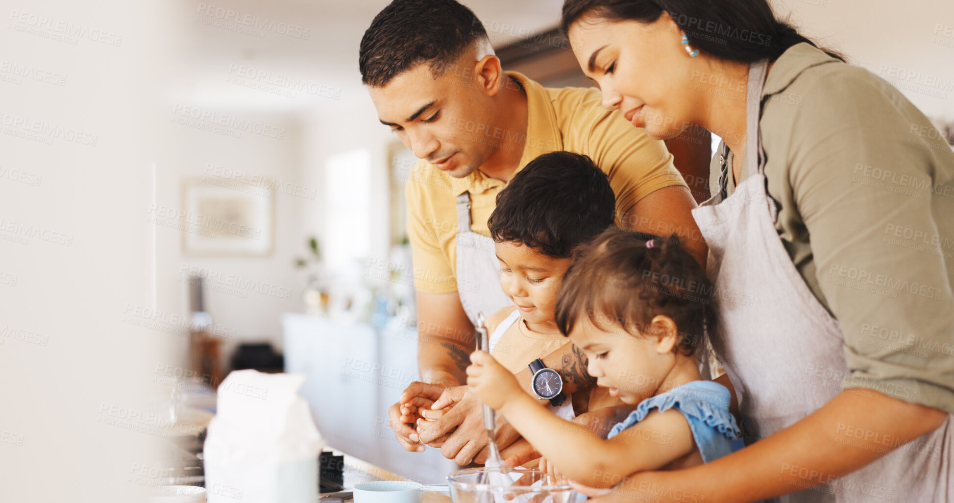Buy stock photo Baking, love and learning with family in kitchen in home for support, cookies and bonding together. Cooking, dessert and teaching with parents and children in house for guidance, care and recipe