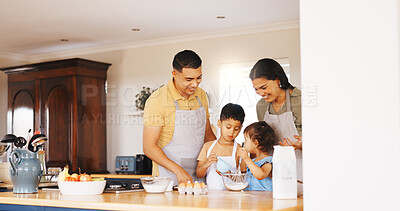 Buy stock photo Baking, help and love with family in kitchen in home for support, cookies and bonding together. Cooking, dessert and teaching with parents and children in house for guidance, care and recipe