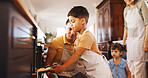 Baking, oven and learning with family in kitchen in home for support, cookies and bonding together. Cooking, dessert and teaching with parents and children in house for guidance, care and recipe