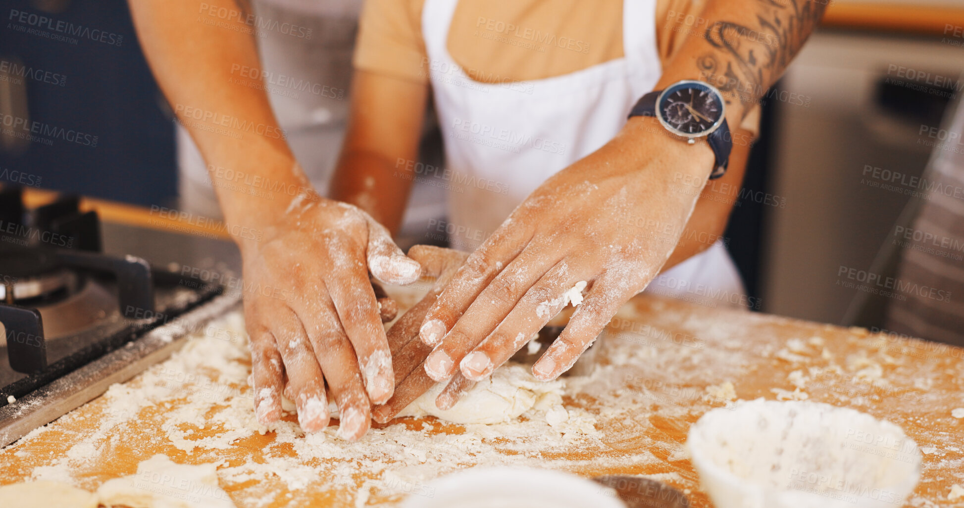 Buy stock photo Baking, hands and learning with family in kitchen in home for support, cookies and bonding together. Flour, dessert and teaching with parent and child in house for guidance, kneading and recipe