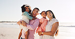 Smile, portrait and travel with family at beach for connection, bonding and summer vacation. Support, happiness and holiday with parents and children outdoor for weekend break, trust and island