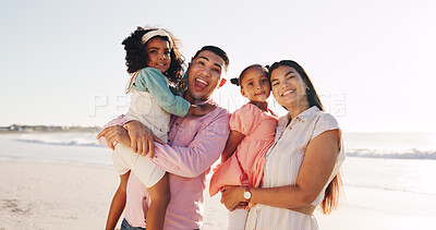 Buy stock photo Smile, portrait and travel with family at beach for connection, bonding and summer vacation. Support, happiness and holiday with parents and children outdoor for weekend break, trust and island