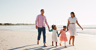 Buy stock photo Walk, holding hands and travel with family at beach for connection, bonding and summer vacation. Support, happiness and holiday with parents and children outdoor for weekend break, trust and island