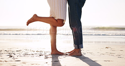 Buy stock photo Legs, love and travel with couple at beach for connection, romance and anniversary getaway. Marriage commitment, summer vacation and feet with man and woman outdoor for support, care and partner