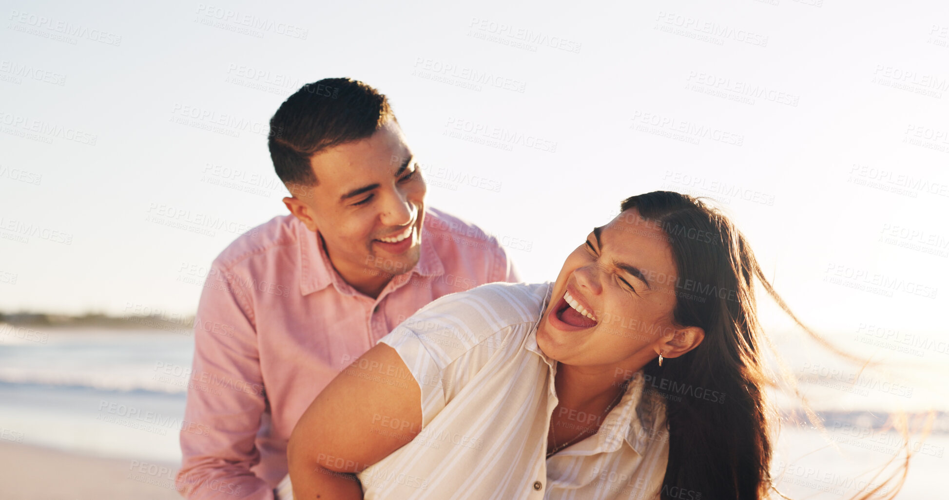 Buy stock photo Laugh, love and travel with couple at beach for connection, romance and anniversary getaway. Marriage commitment, summer vacation and trust with man and woman outdoor for support, joke and partner