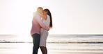 Hug, love and smile with couple at beach for connection, romance and anniversary getaway. Marriage commitment, summer vacation and trust with man and woman outdoor for support, care and partner