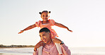 Shoulder, freedom and father with daughter at beach for support, bonding and airplane game. Happiness, playful and summer vacation with man carrying child outdoor for travel, weekend break and love