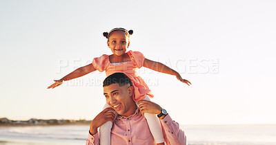 Buy stock photo Shoulder, freedom and father with daughter at beach for support, bonding and airplane game. Happiness, playful and summer vacation with man carrying child outdoor for travel, weekend break and love