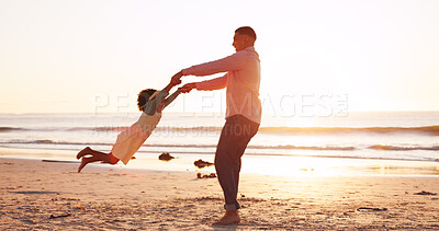Buy stock photo Spin, sunset and dad with child at beach for playful relationship on holiday, vacation and weekend. Nature, family and father with girl by ocean for playing, laughing and bonding on summer getaway